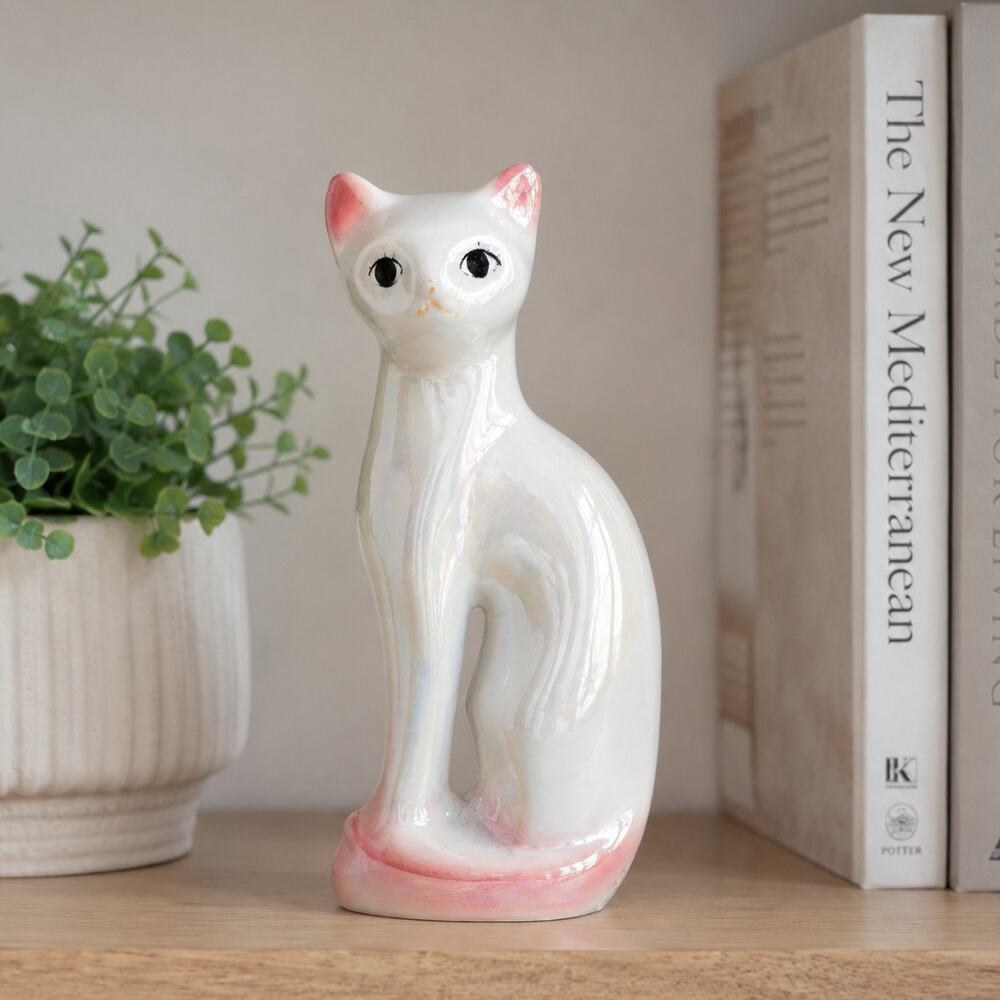 Vintage Iridescent Lustre Glaze Cat Figurine | Mid Century Ceramic Kitty Decor